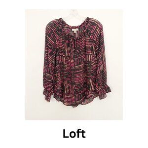 Loft Women Size S Boho Peasant Pink Black Print Blouse Top Ruffle Trim Sheer
